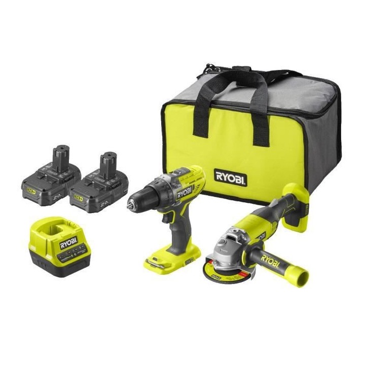 RYOBI ONE+ Pack duo perceuse meuleuse 18V sans fil - 2 batteries de 2A