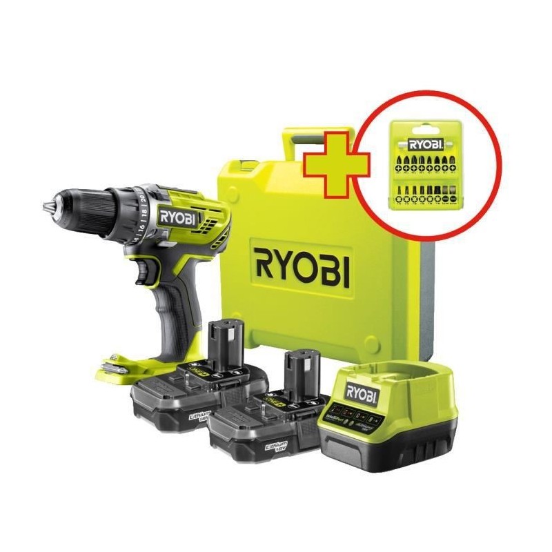 RYOBI Perceuse-visseuse sans fil 18V ONE+ R18DD3-220TA17 - 2 batteries de 2Ah - une boite a outils - un coffret 17 accessoires