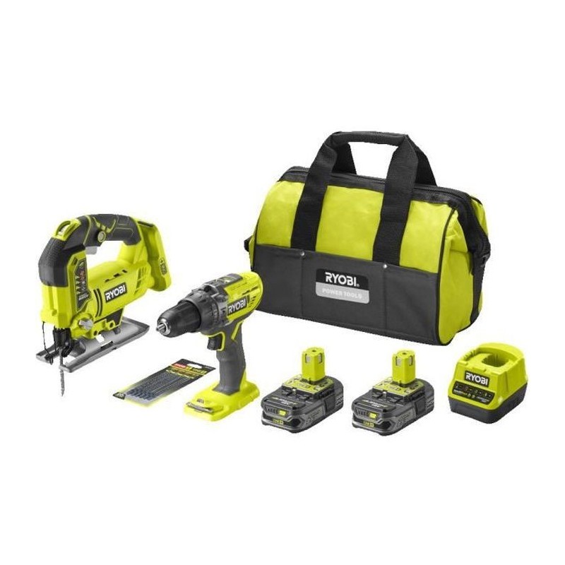 RYOBI One+ Duo perceuse a percussion + scie sauteuse sans fil 18V - RCK182B-225SA6 - 2 batteries 2,5 Ah - 6 lames - sac de range