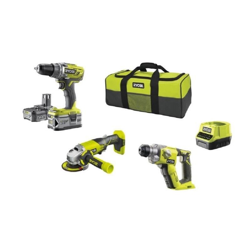 RYOBI Pack 3 outils sans fil One+ RCK183C-242S - Perceuse - meuleuse - perforateur - 2 batteries 2Ah et 4Ah - sac