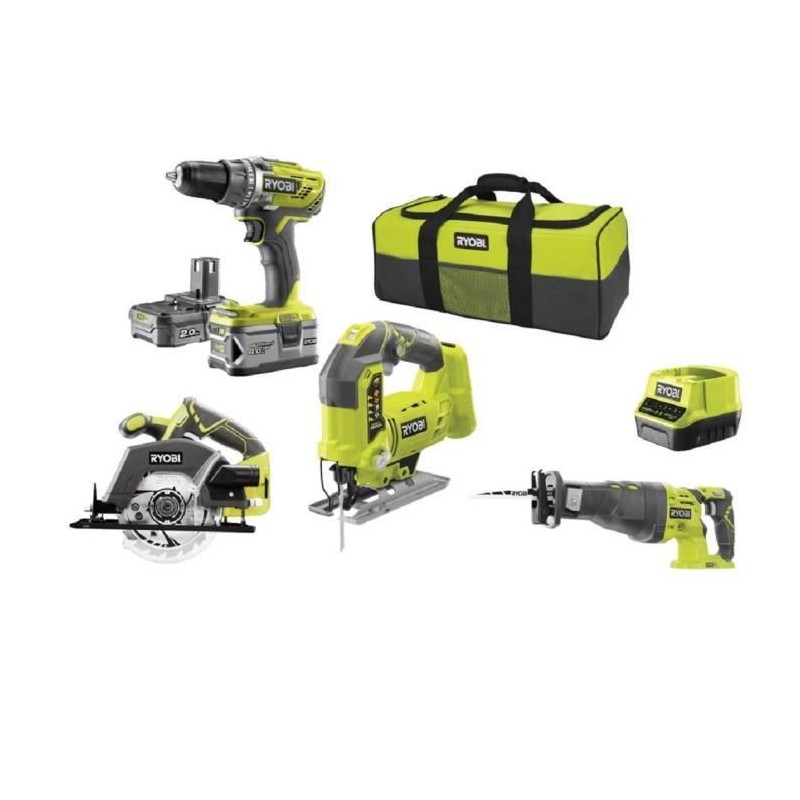 RYOBI Pack 4 outils sans fil One+ RCK184C-242S - Perceuse - 3 scies circulaire, sauteuse, sabre - 2 batteries 2Ah et 4Ah