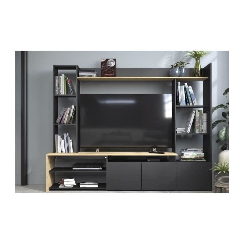 PARISOT Meuble TV 3 portes basses - Chene/Noir - L 196,6 x P 39,5 x H 153,3 cm - OREGON