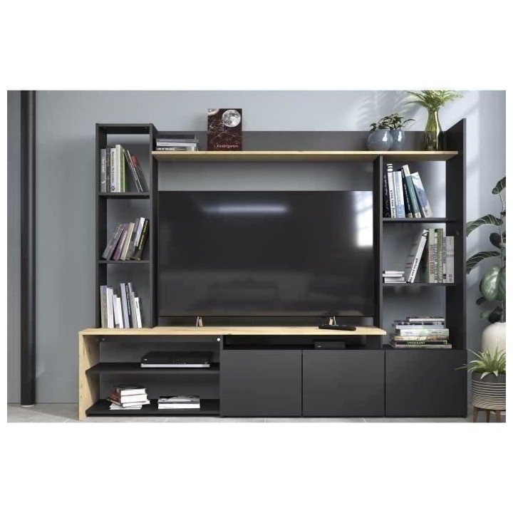 PARISOT Meuble TV 3 portes basses - Chene/Noir - L 196,6 x P 39,5 x H