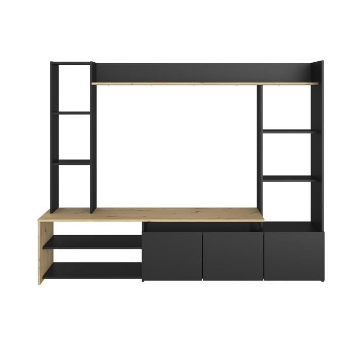 PARISOT Meuble TV 3 portes basses - Chene/Noir - L 196,6 x P 39,5 x H