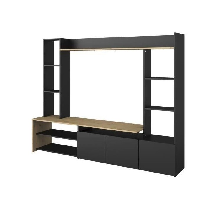 PARISOT Meuble TV 3 portes basses - Chene/Noir - L 196,6 x P 39,5 x H