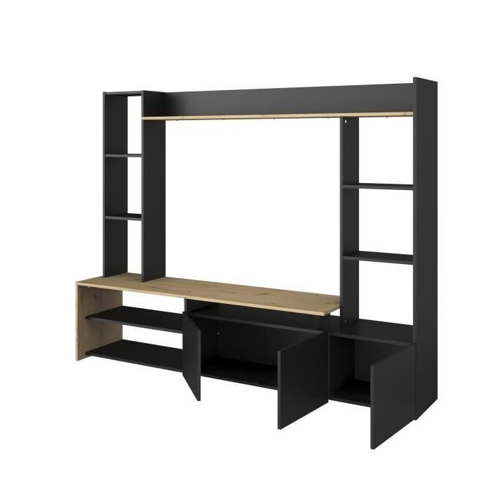 PARISOT Meuble TV 3 portes basses - Chene/Noir - L 196,6 x P 39,5 x H