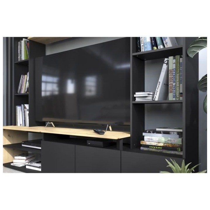PARISOT Meuble TV 3 portes basses - Chene/Noir - L 196,6 x P 39,5 x H
