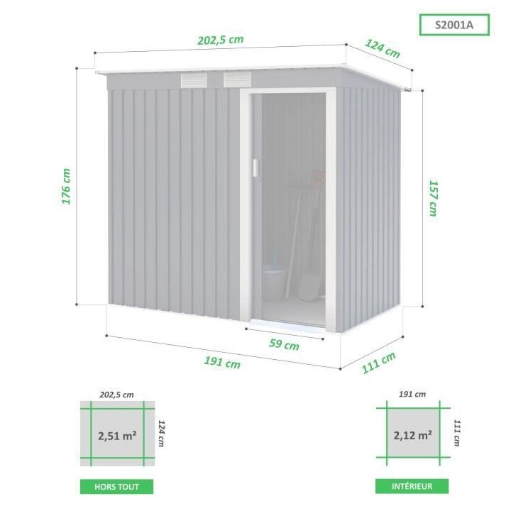 Abri de jardin en métal 2,43 m2 - Kit d'ancrage inclus - Gris anthrac